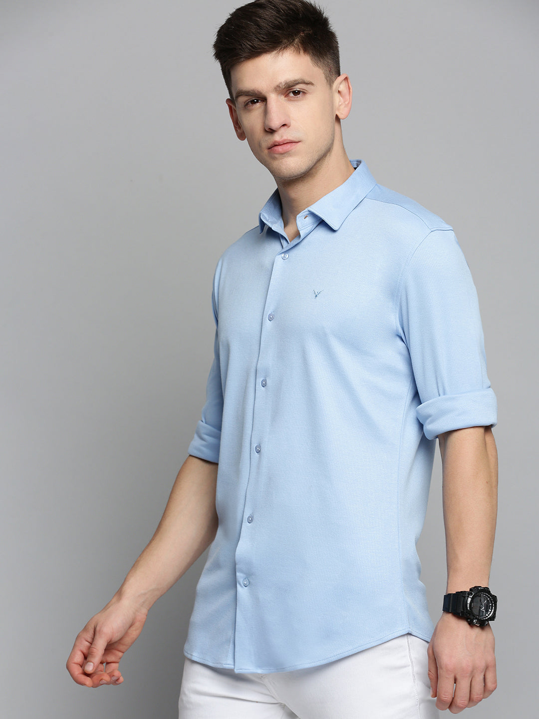 Men's Blue Comfort Slim Fit Knitted Casual Cotton Shirt