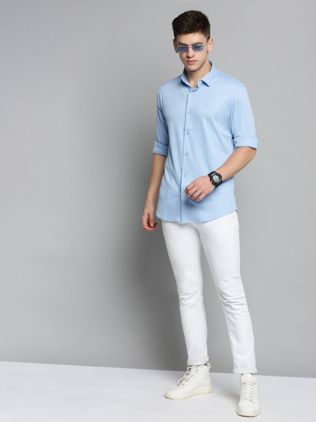 Men's Blue Comfort Slim Fit Knitted Casual Cotton Shirt