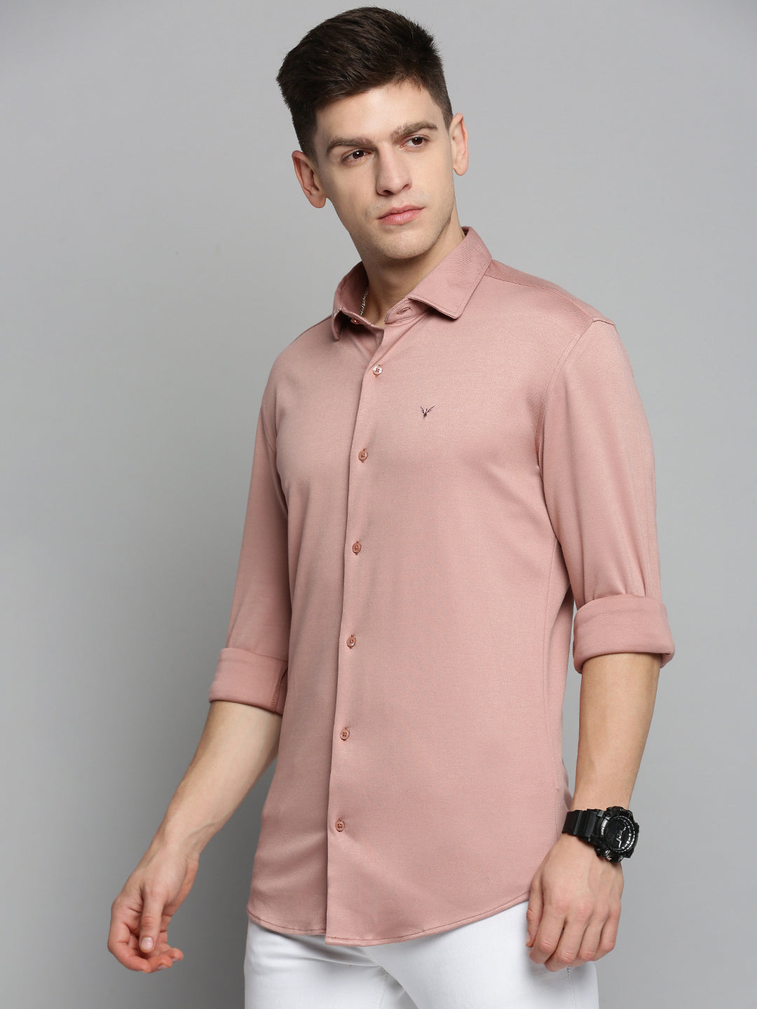Men's Peach Comfort Slim Fit Cotton Knitted Casual Shirt