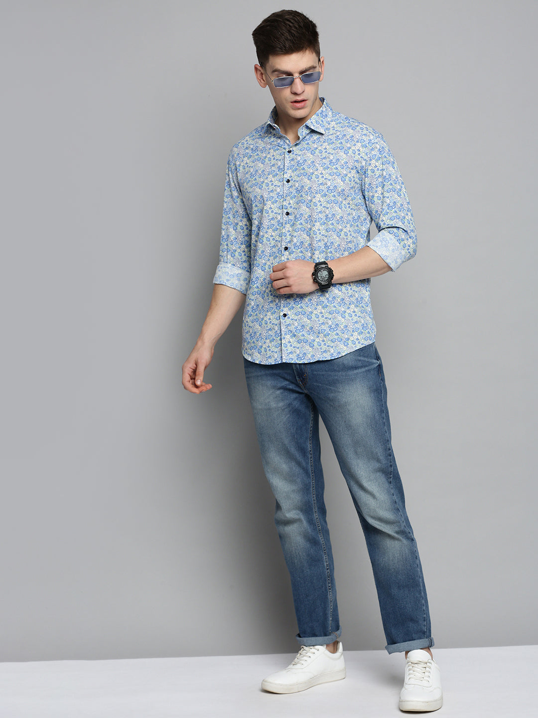 Men Blue Printed Casual Shirt