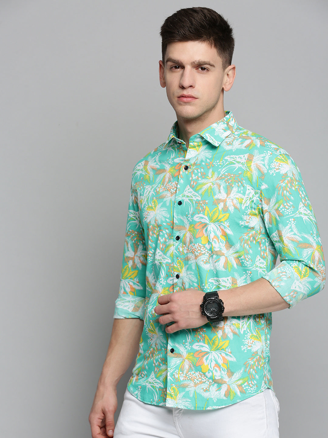 Men's Green Comfort Floral Printed Casual Cotton Shirt
