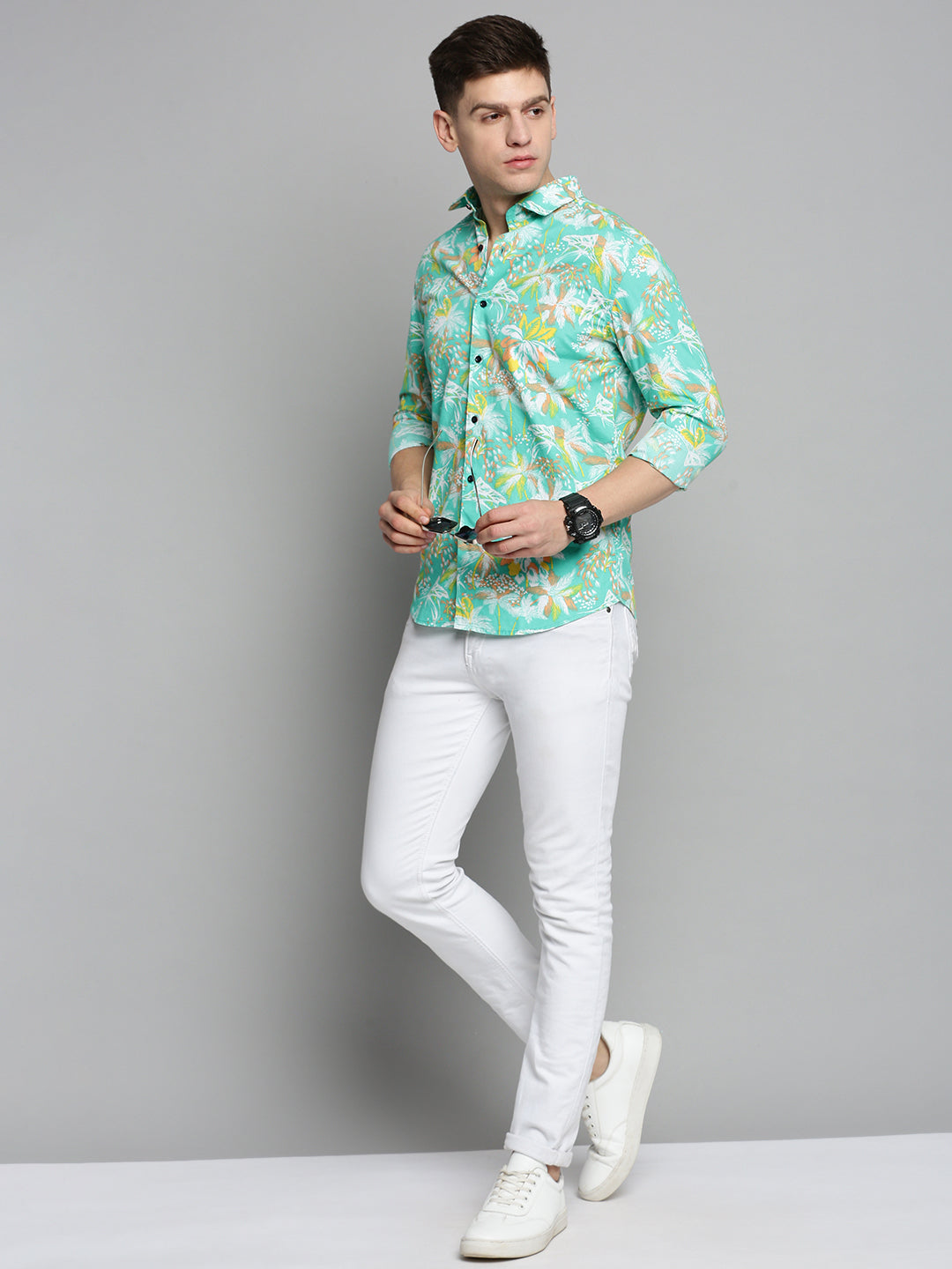 Men's Green Comfort Floral Printed Casual Cotton Shirt