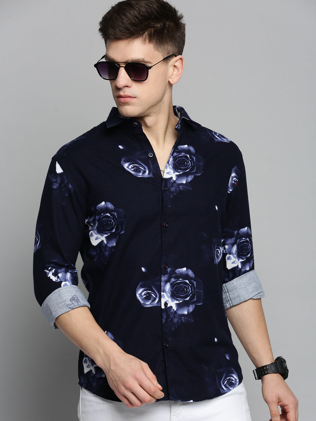 Men's Navy Printed Casual Shirt