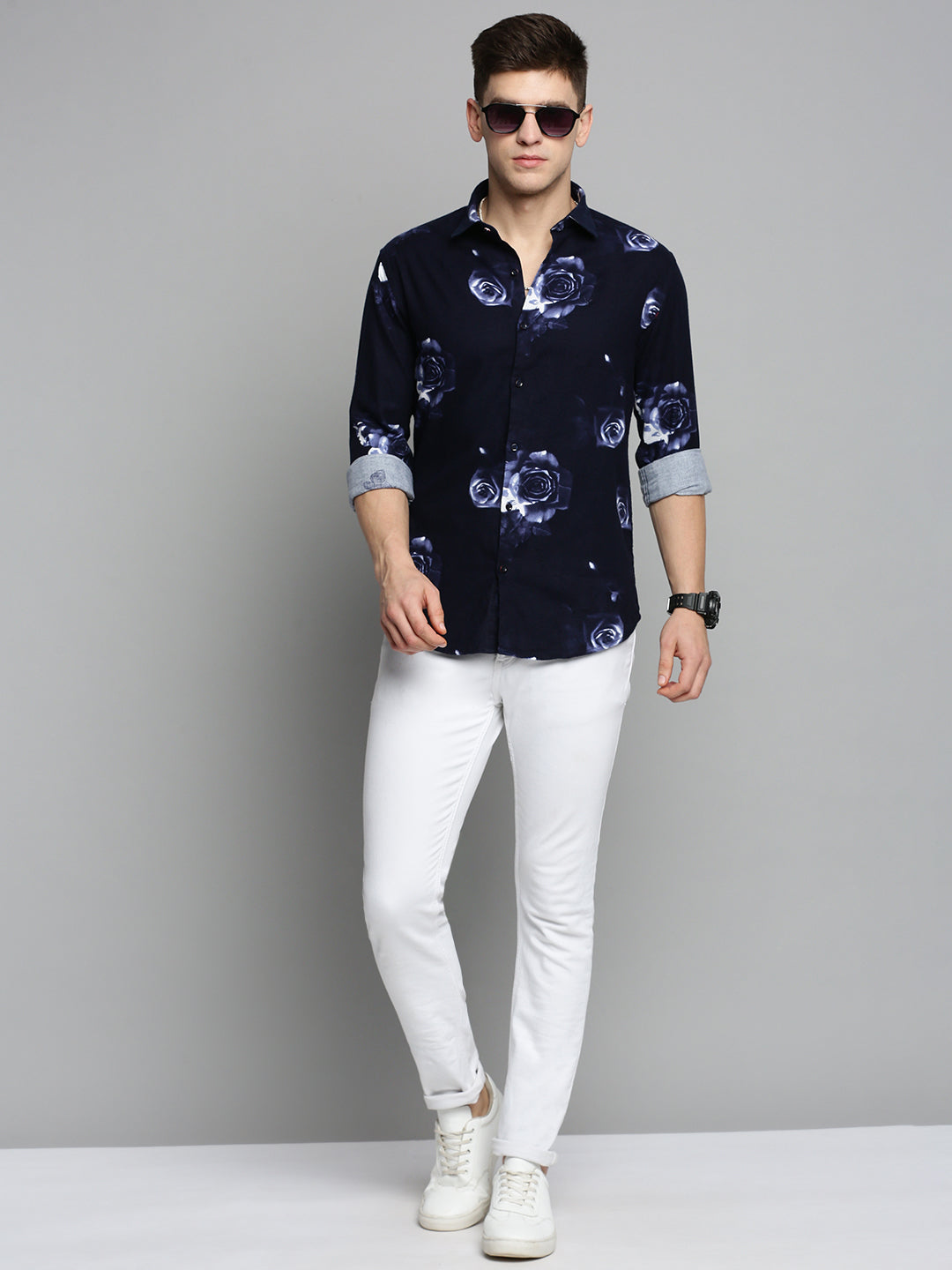Men's Navy Printed Casual Shirt