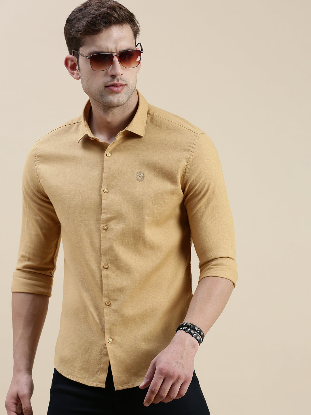 Men Khaki Solid Casual Shirt