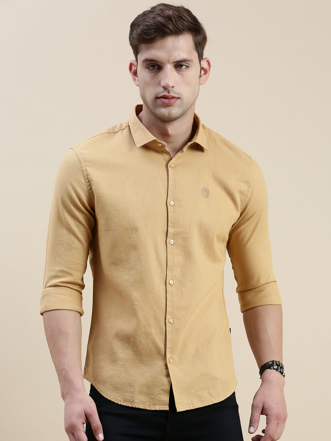 Men Khaki Solid Casual Shirt