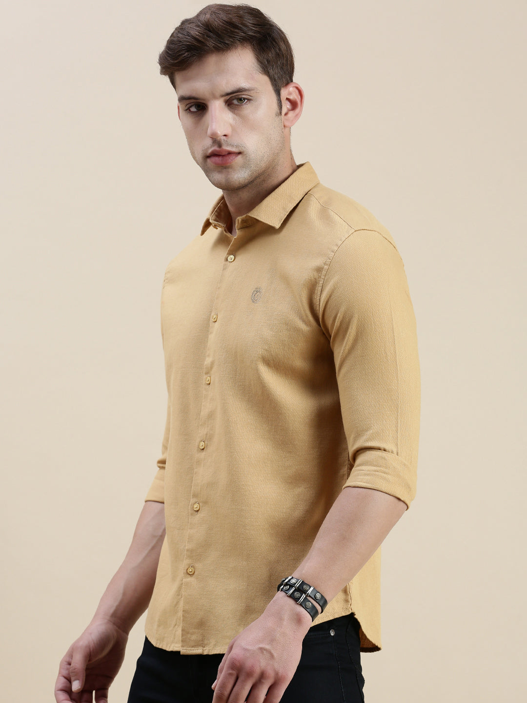 Men Khaki Solid Casual Shirt