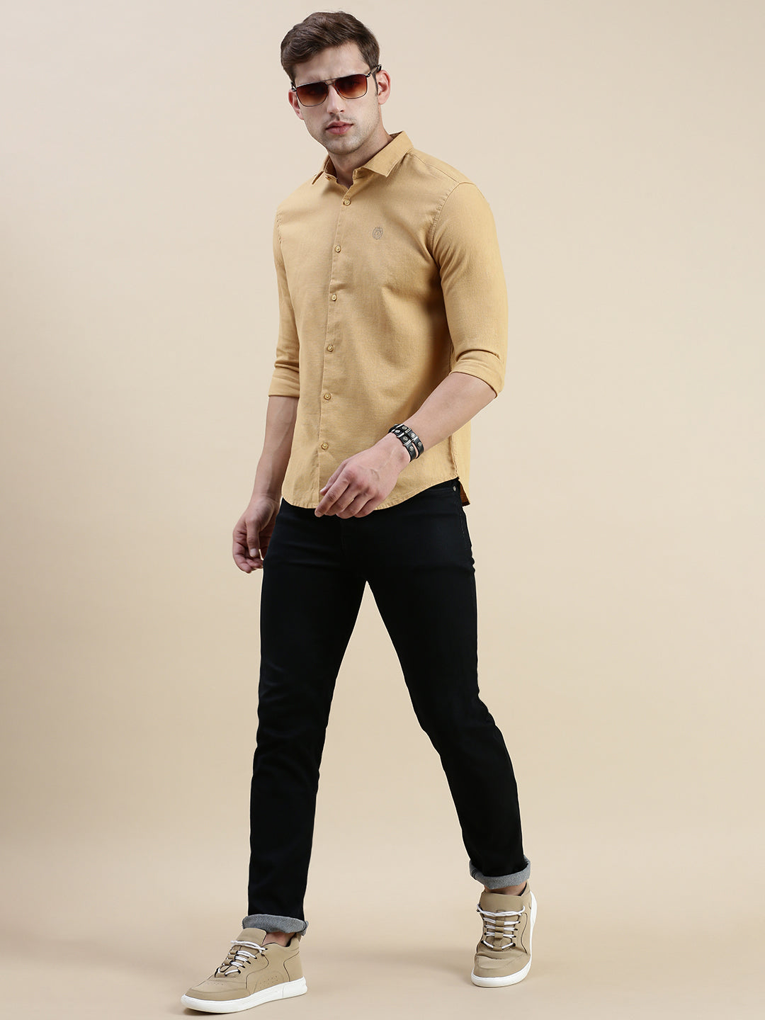 Men Khaki Solid Casual Shirt