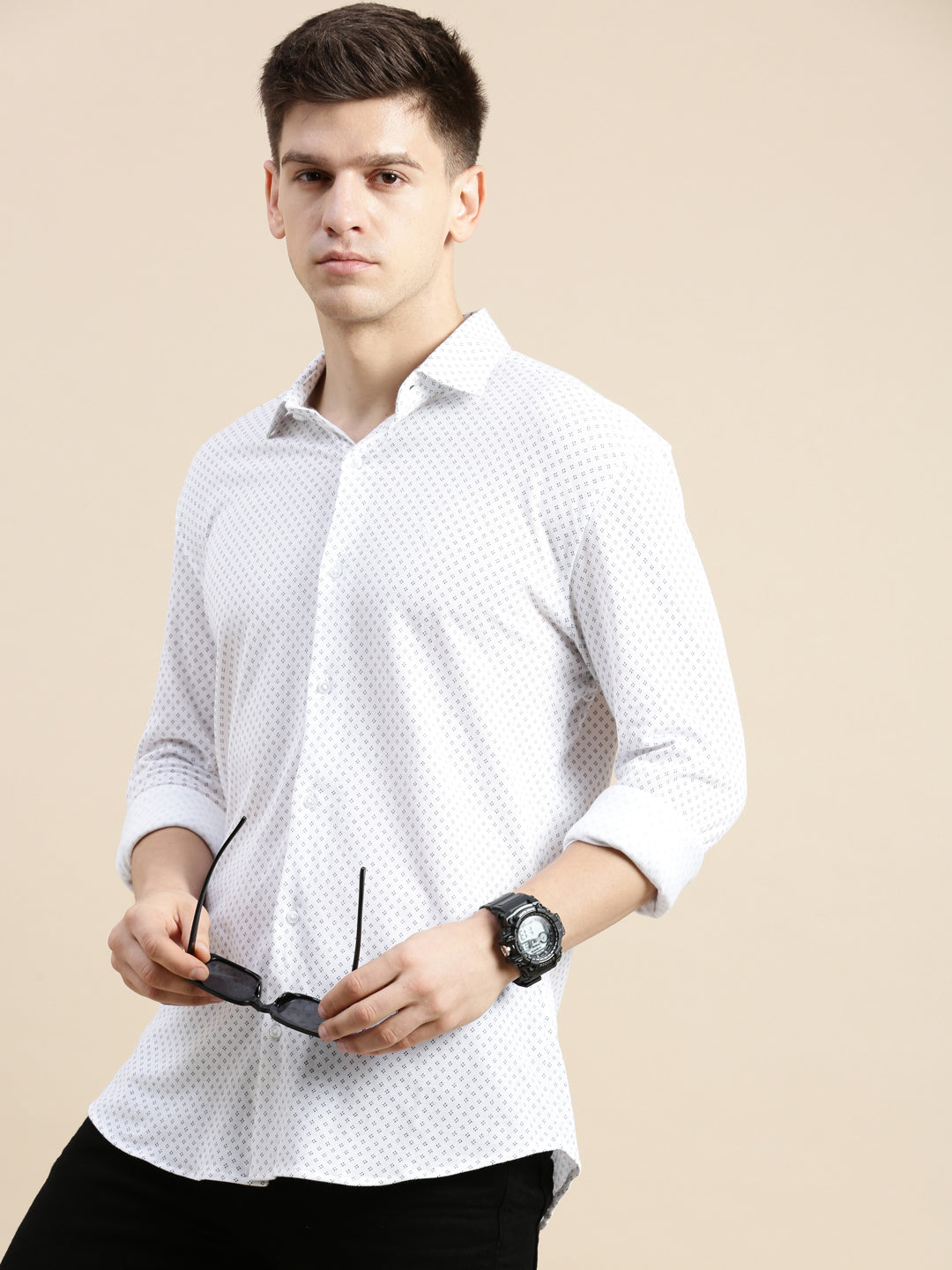 Men White Geometrical Casual Shirt