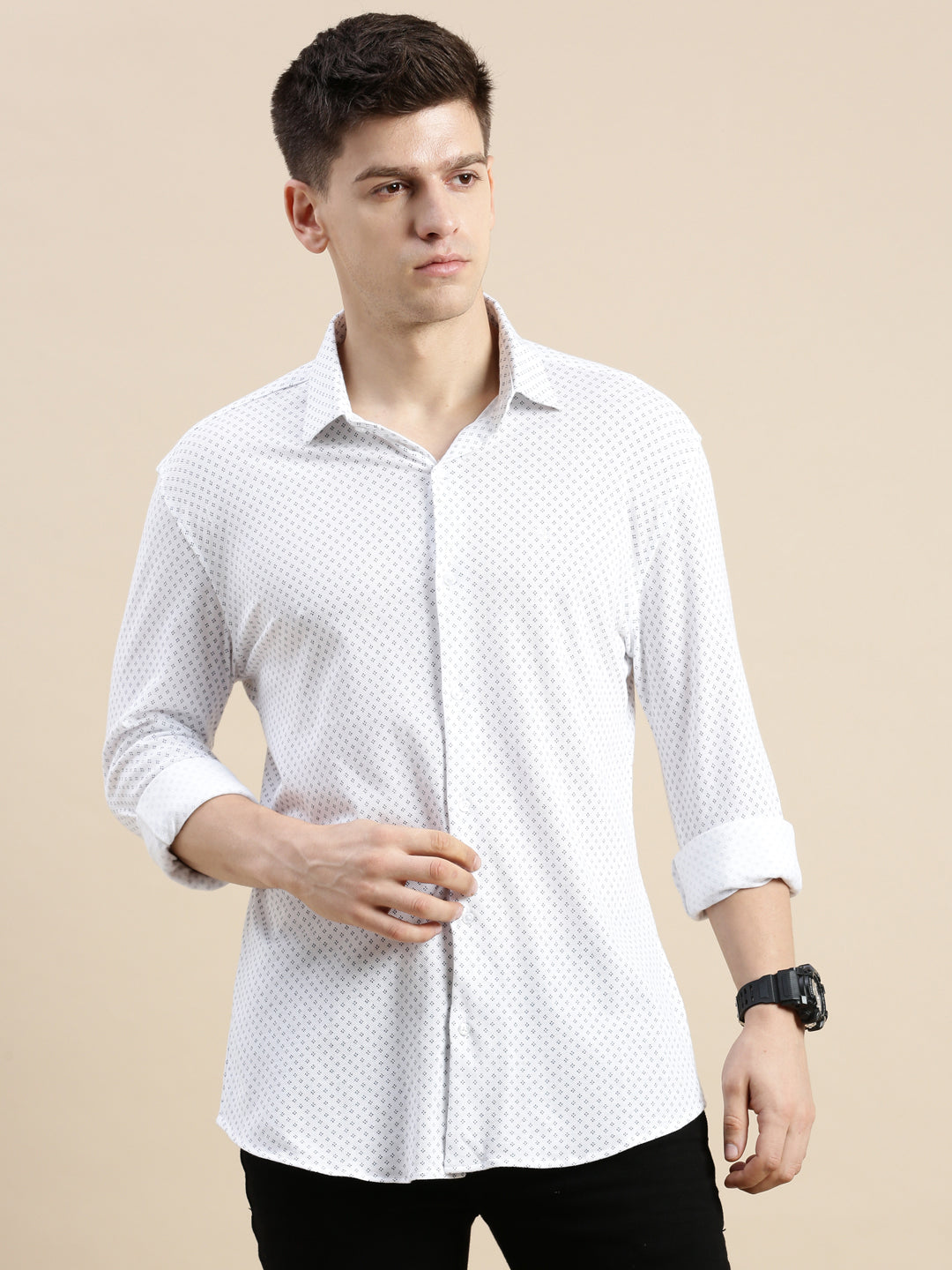 Men White Geometrical Casual Shirt