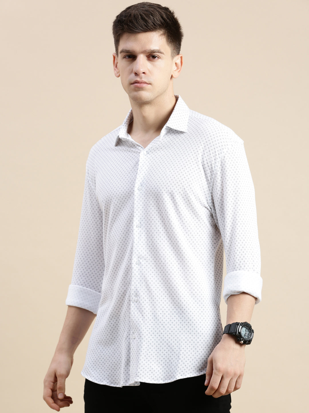 Men White Geometrical Casual Shirt