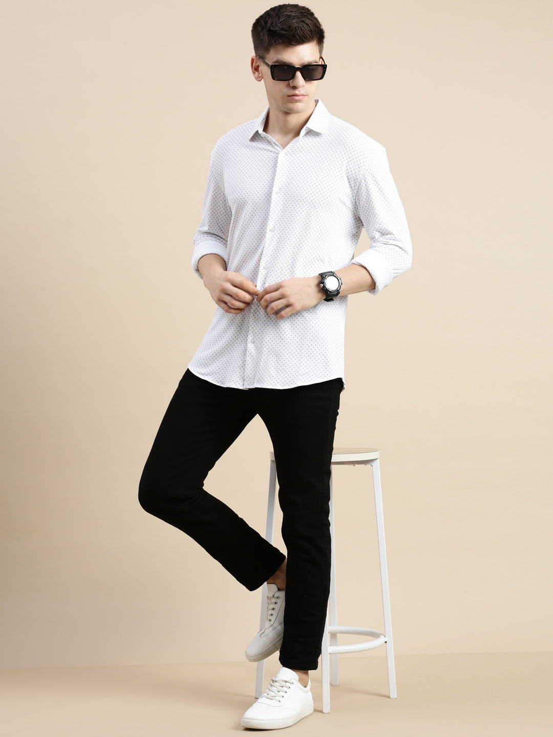 Men White Geometrical Casual Shirt