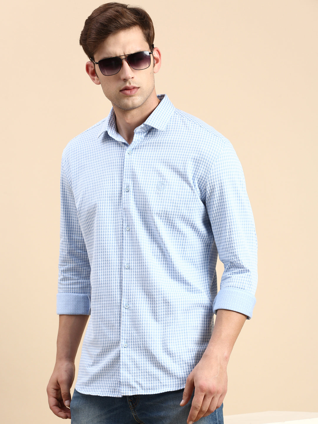 Men Blue Checked Casual Shirt