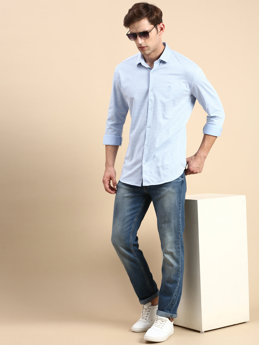 Men Blue Checked Casual Shirt