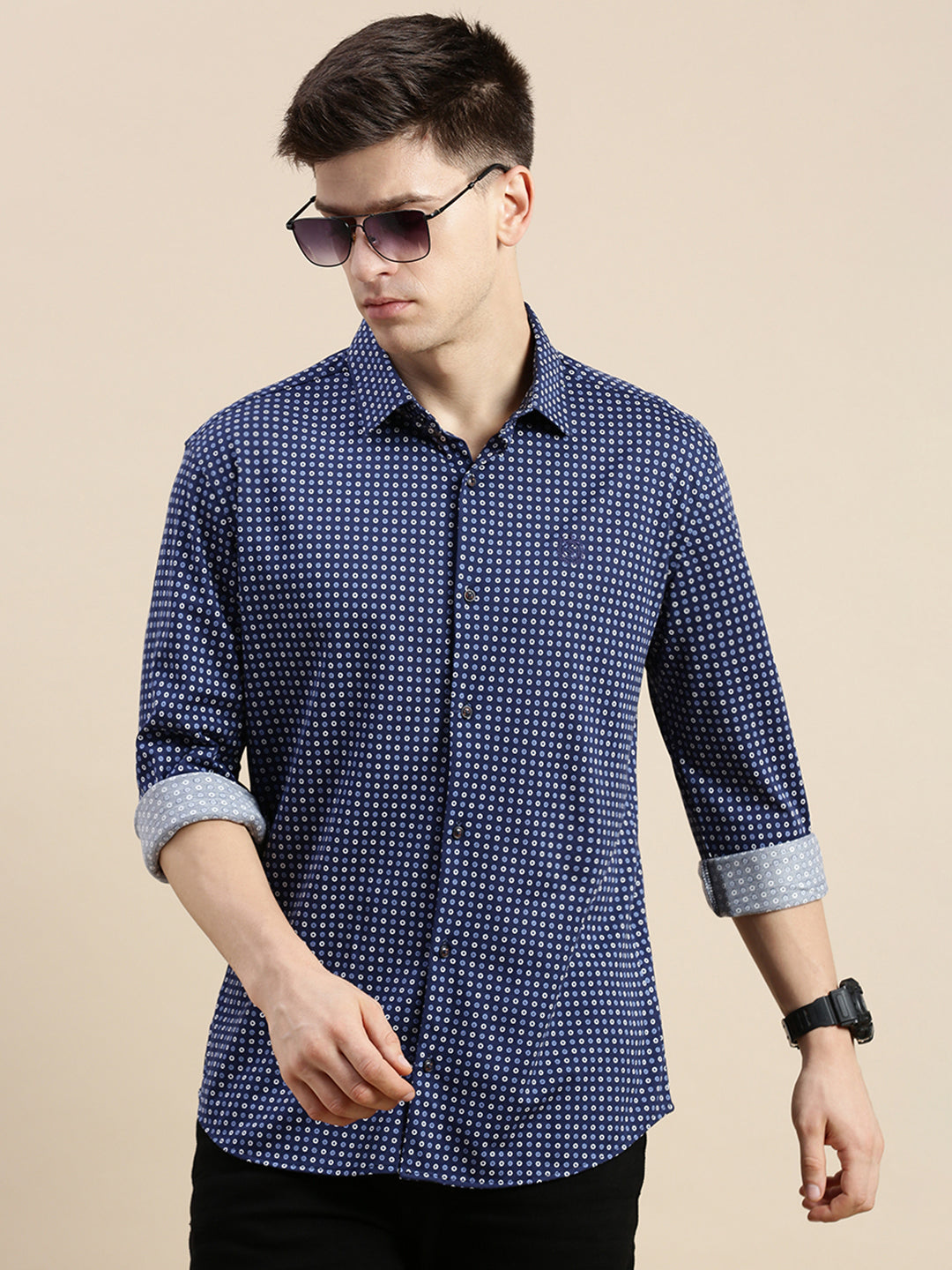 Men Navy Geometrical Casual Shirt