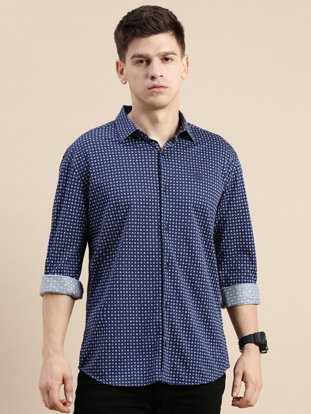 Men Navy Geometrical Casual Shirt