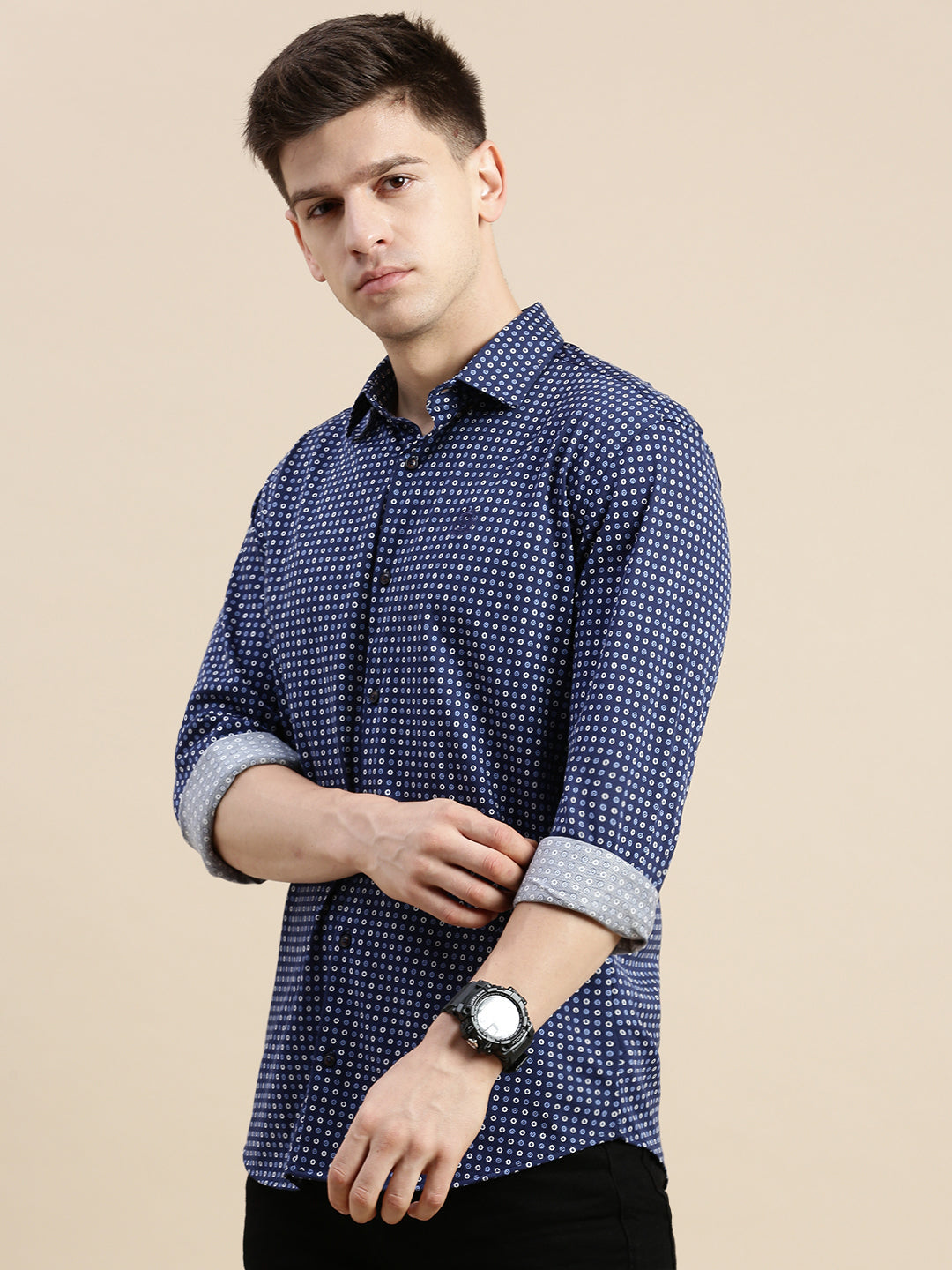 Men Navy Geometrical Casual Shirt