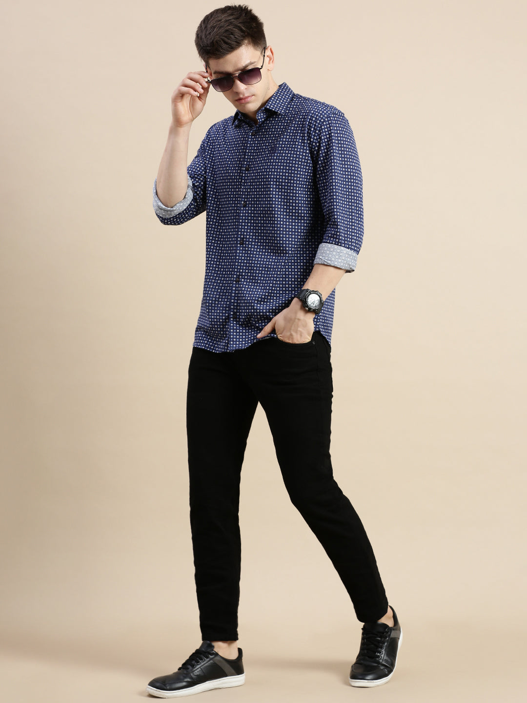 Men Navy Geometrical Casual Shirt