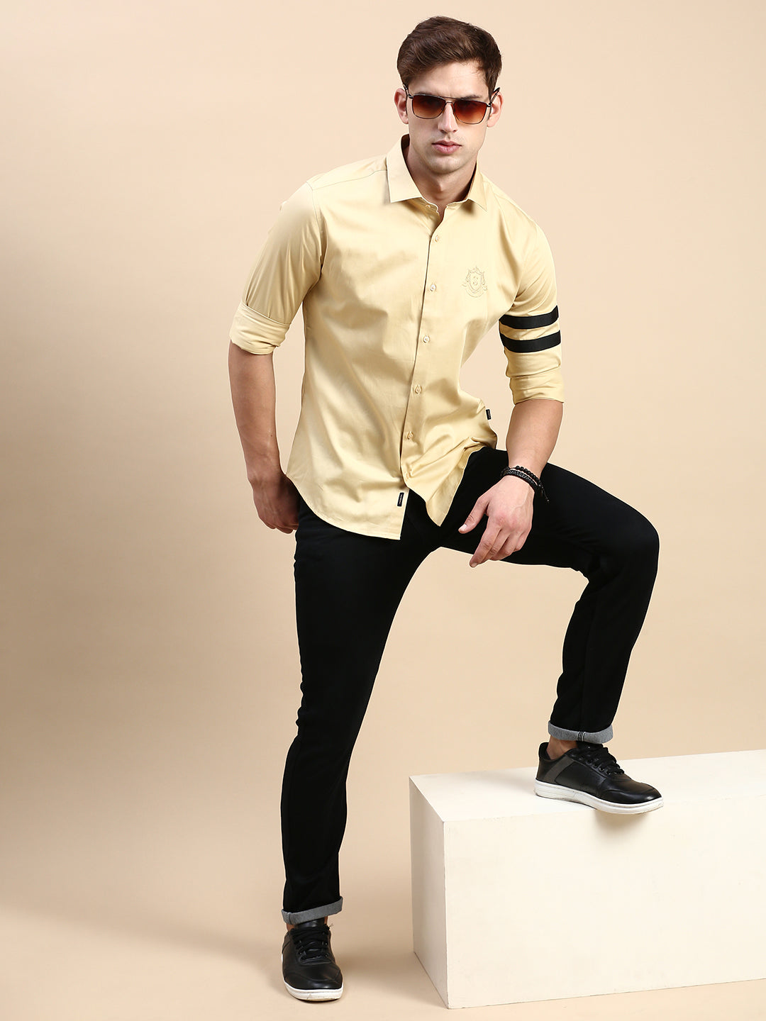 Men Beige Solid Casual Shirt