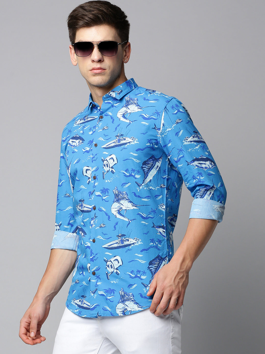 Men Blue Printed Casual Shirt