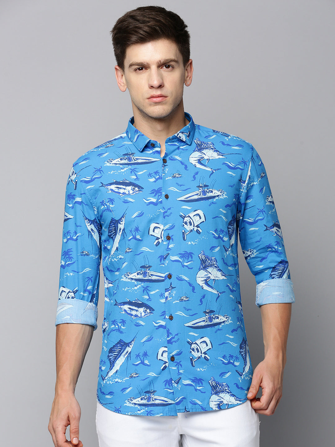 Men Blue Printed Casual Shirt