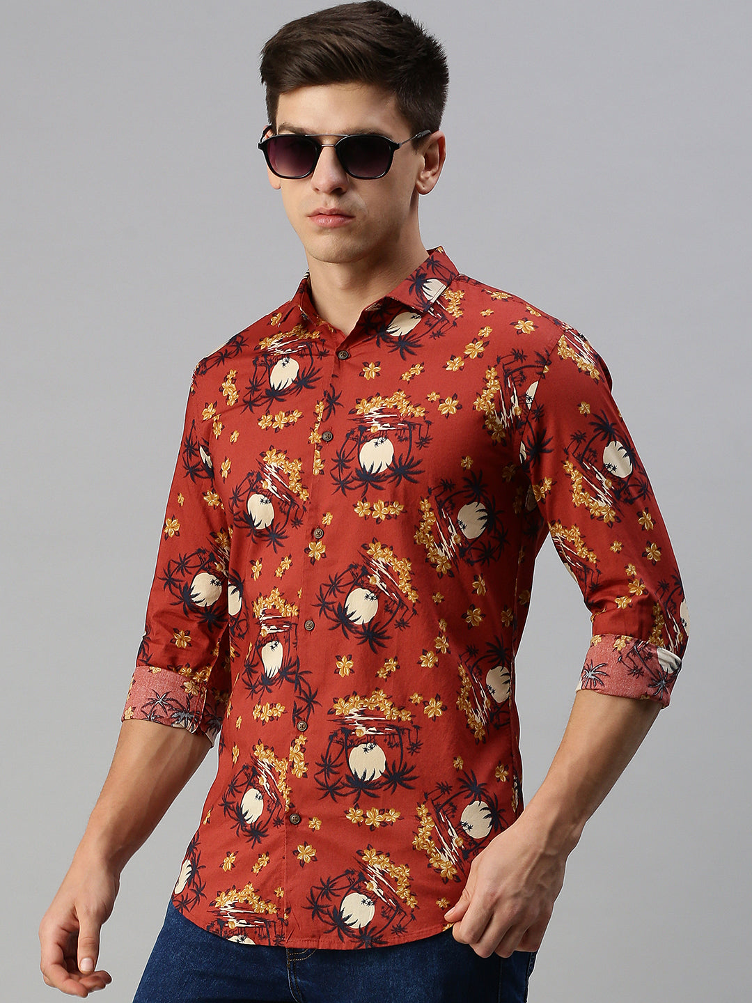 Men Rust Printed Casual Shirt