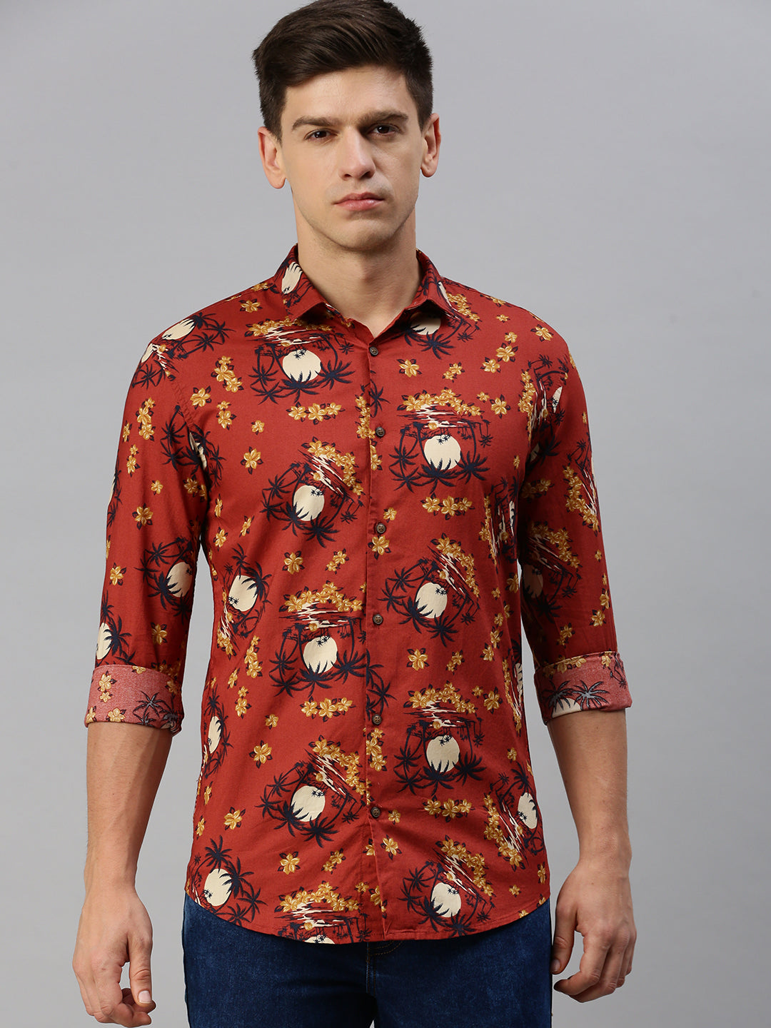 Men Rust Printed Casual Shirt