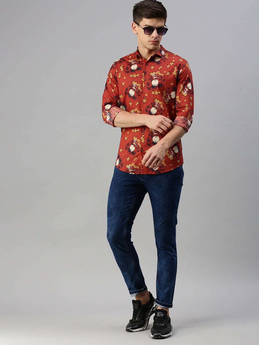 Men Rust Printed Casual Shirt