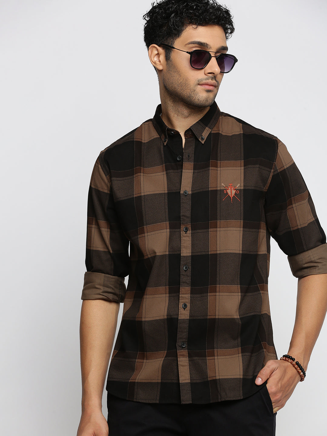 Men Brown Spread Collar Tartan Checks Shirt