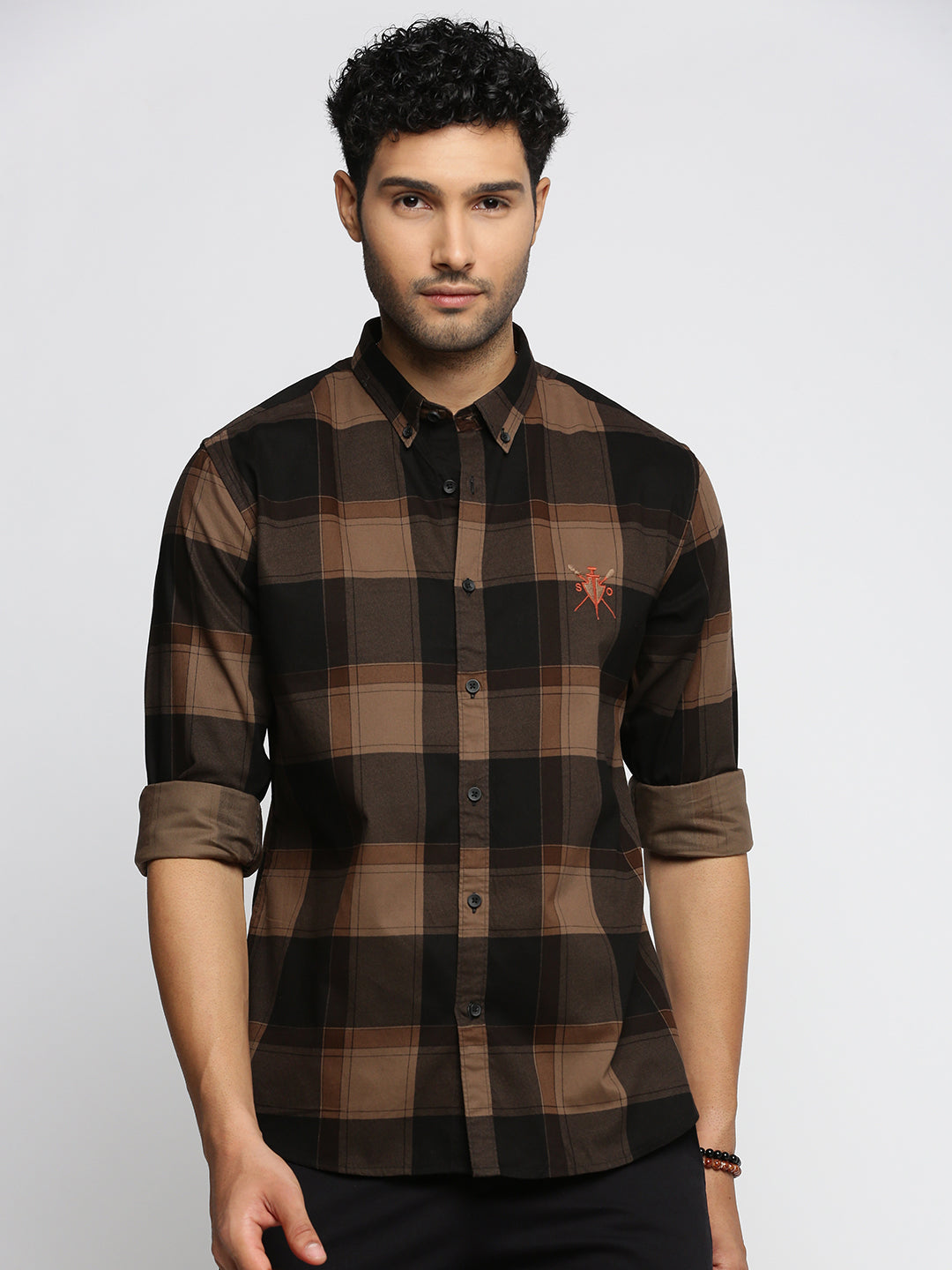 Men Brown Spread Collar Tartan Checks Shirt