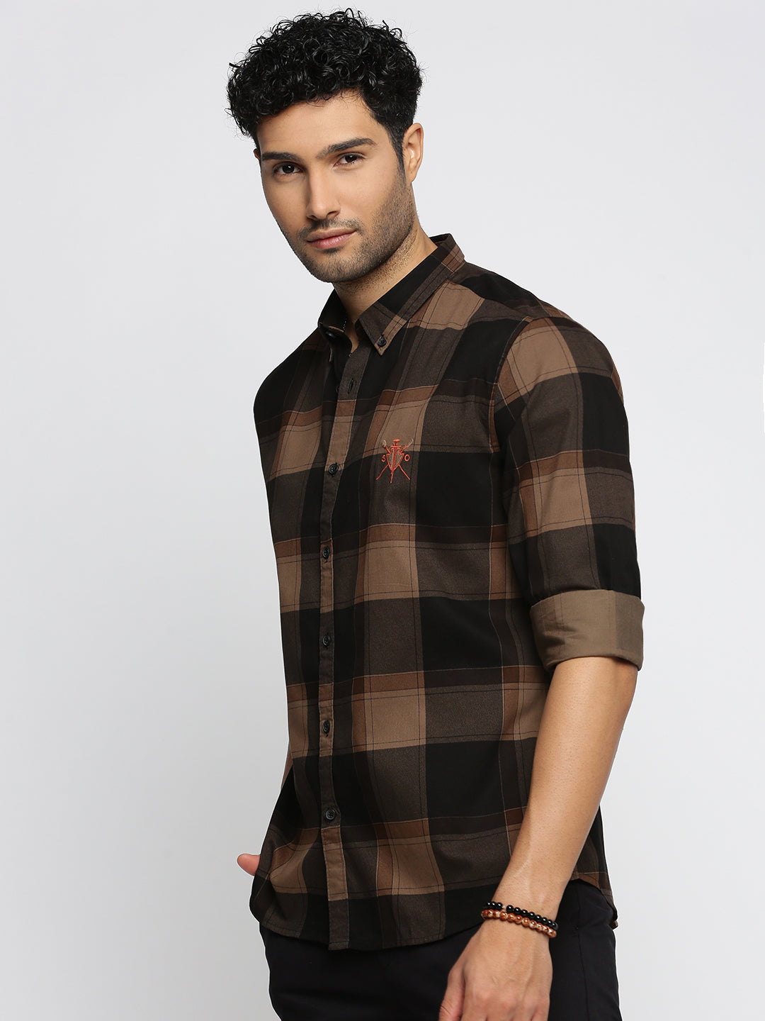 Men Brown Spread Collar Tartan Checks Shirt