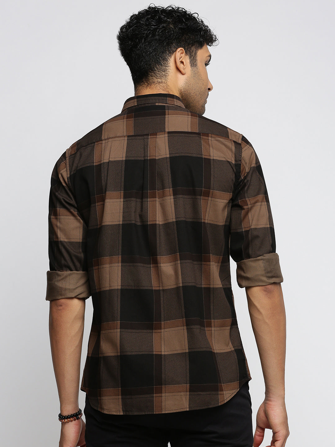 Men Brown Spread Collar Tartan Checks Shirt