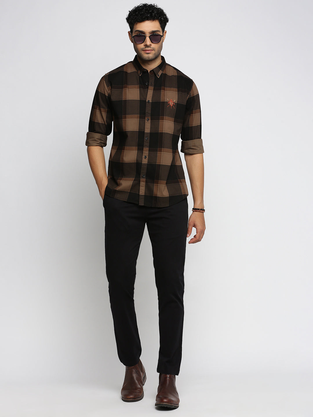 Men Brown Spread Collar Tartan Checks Shirt