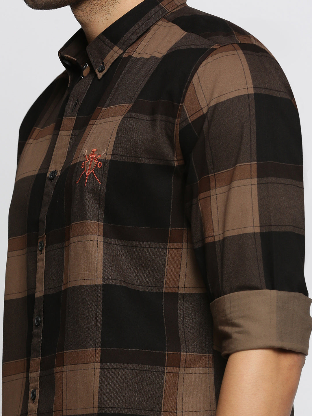 Men Brown Spread Collar Tartan Checks Shirt