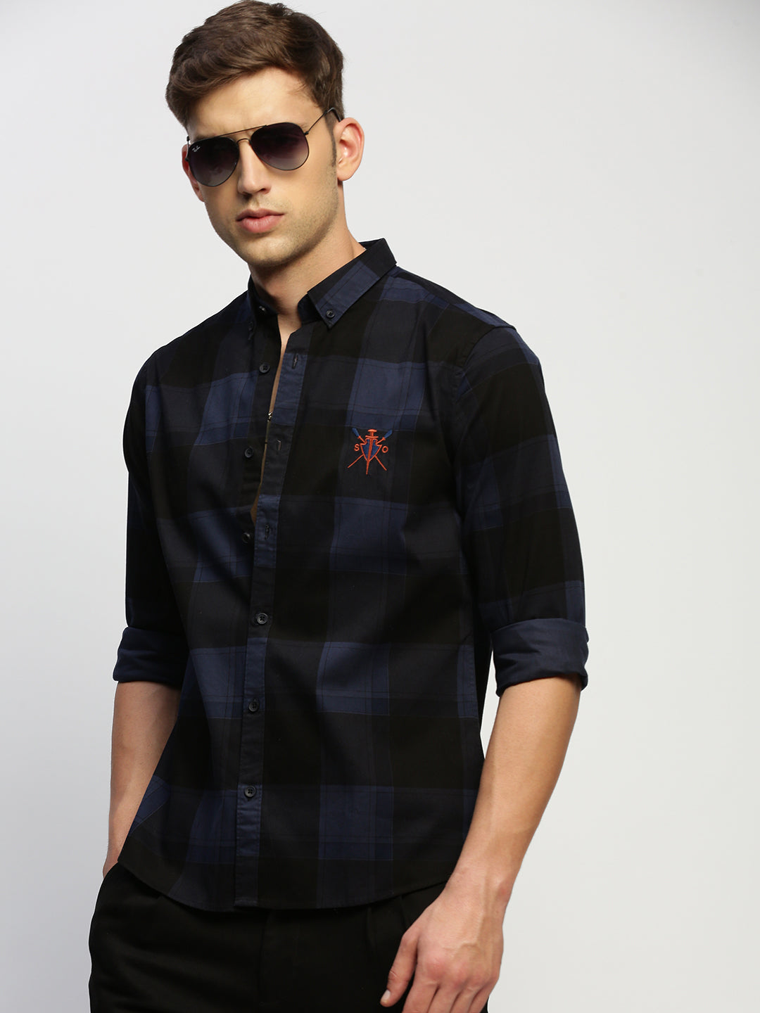 Men Navy Checked Shirt