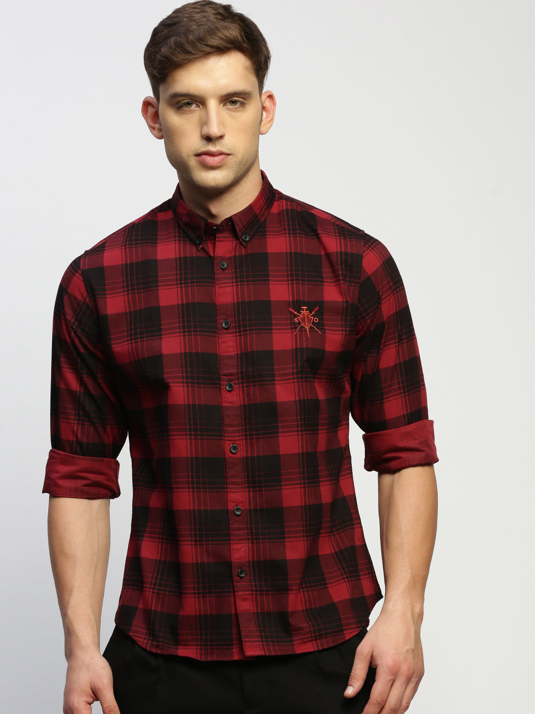 Men Maroon Checked Shirt