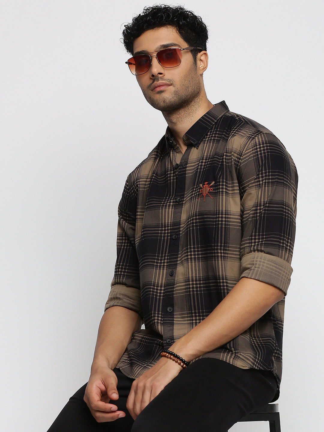 Men Black Spread Collar Tartan Checks Shirt