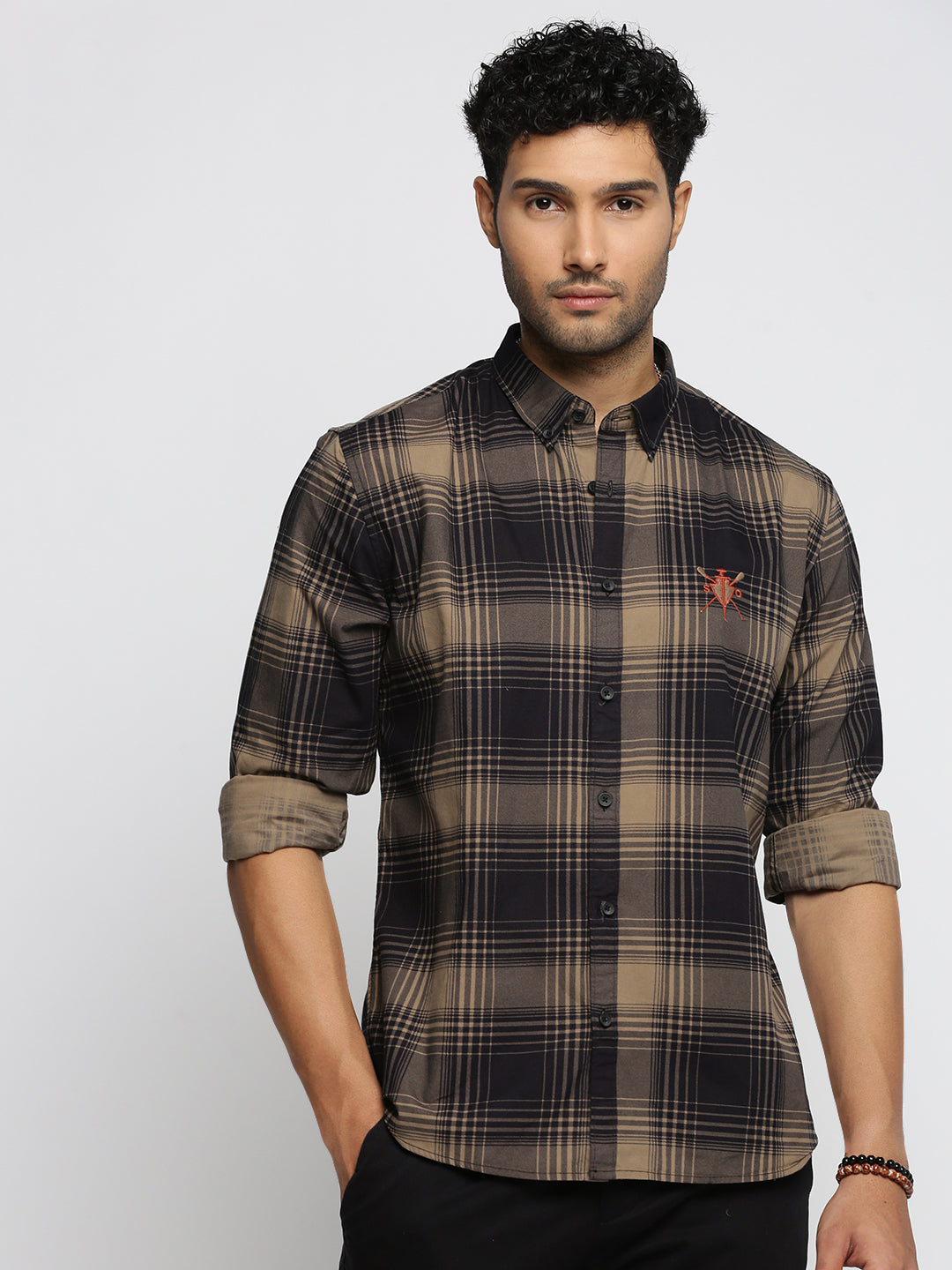 Men Black Spread Collar Tartan Checks Shirt