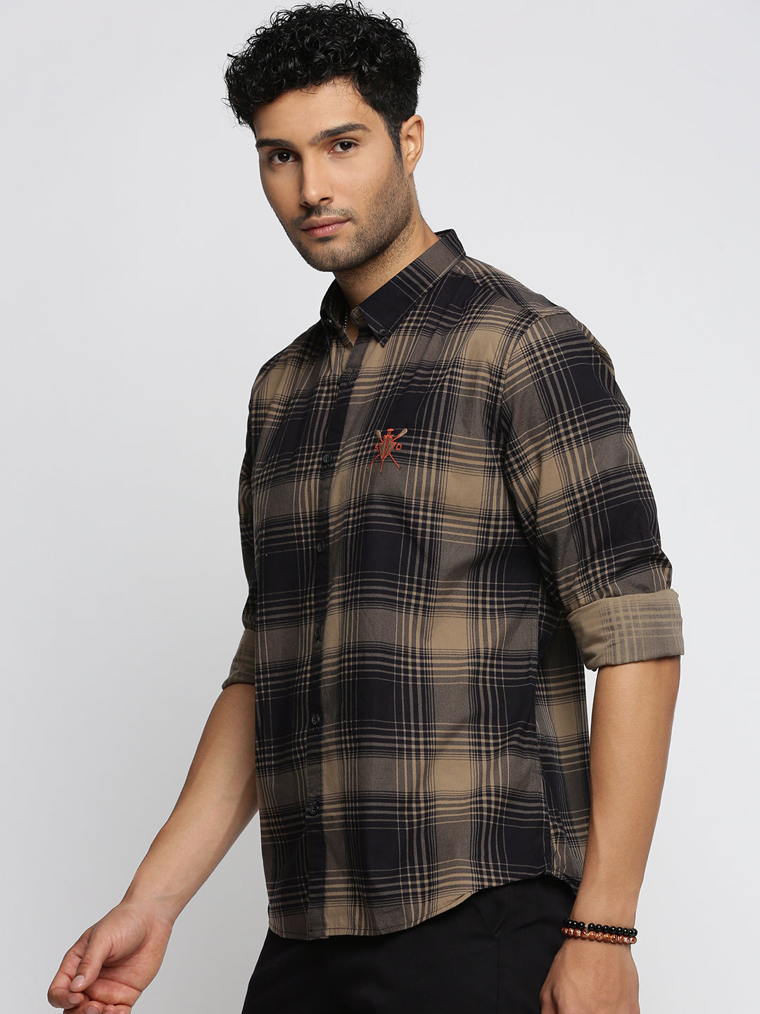 Men Black Spread Collar Tartan Checks Shirt