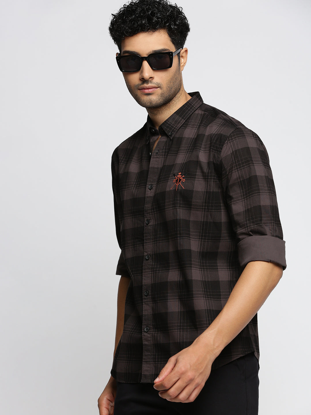 Men Grey Spread Collar Tartan Checks Shirt