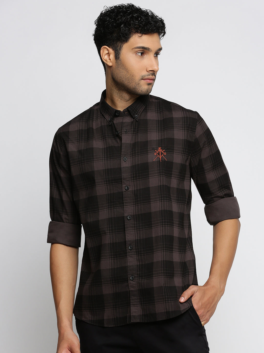 Men Grey Spread Collar Tartan Checks Shirt