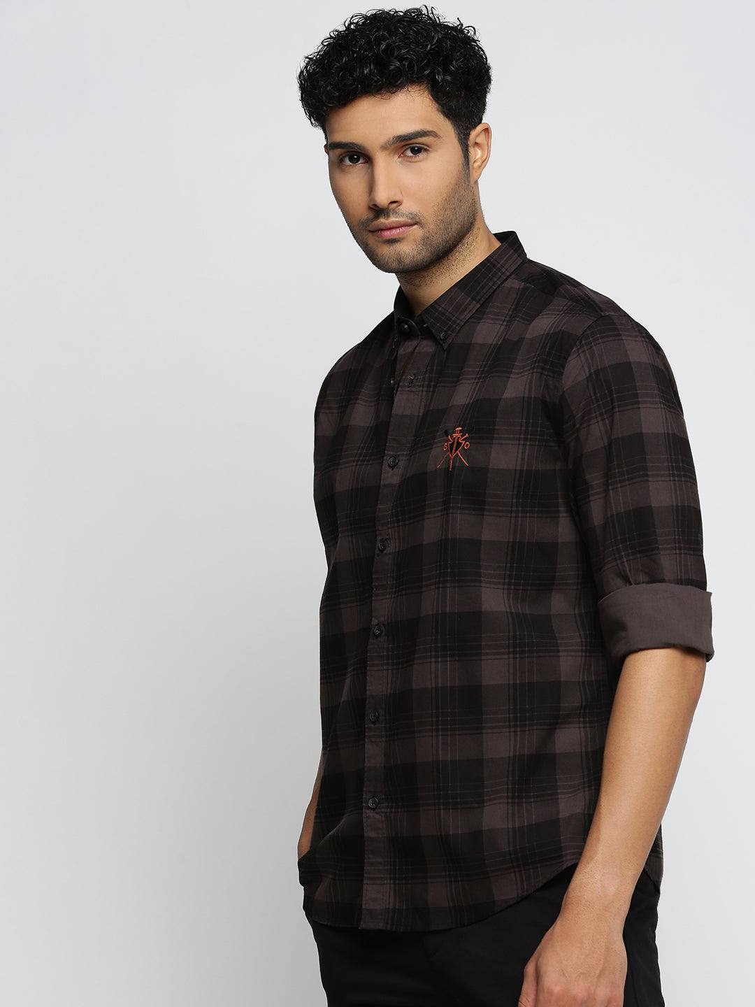 Men Grey Spread Collar Tartan Checks Shirt