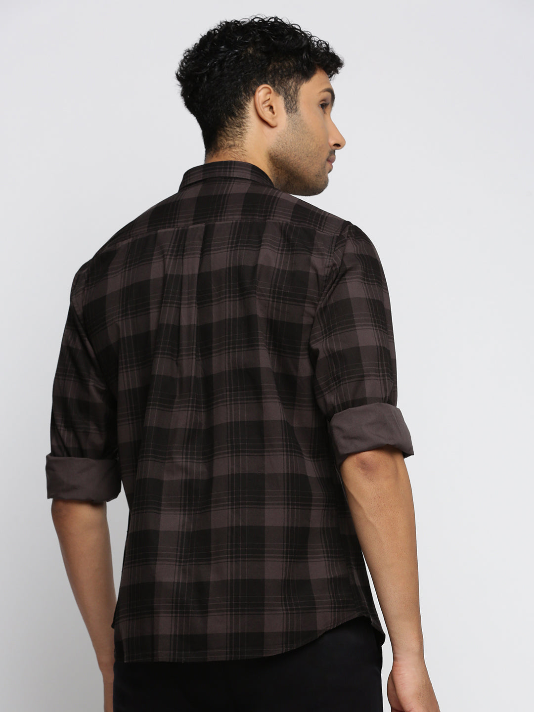 Men Grey Spread Collar Tartan Checks Shirt