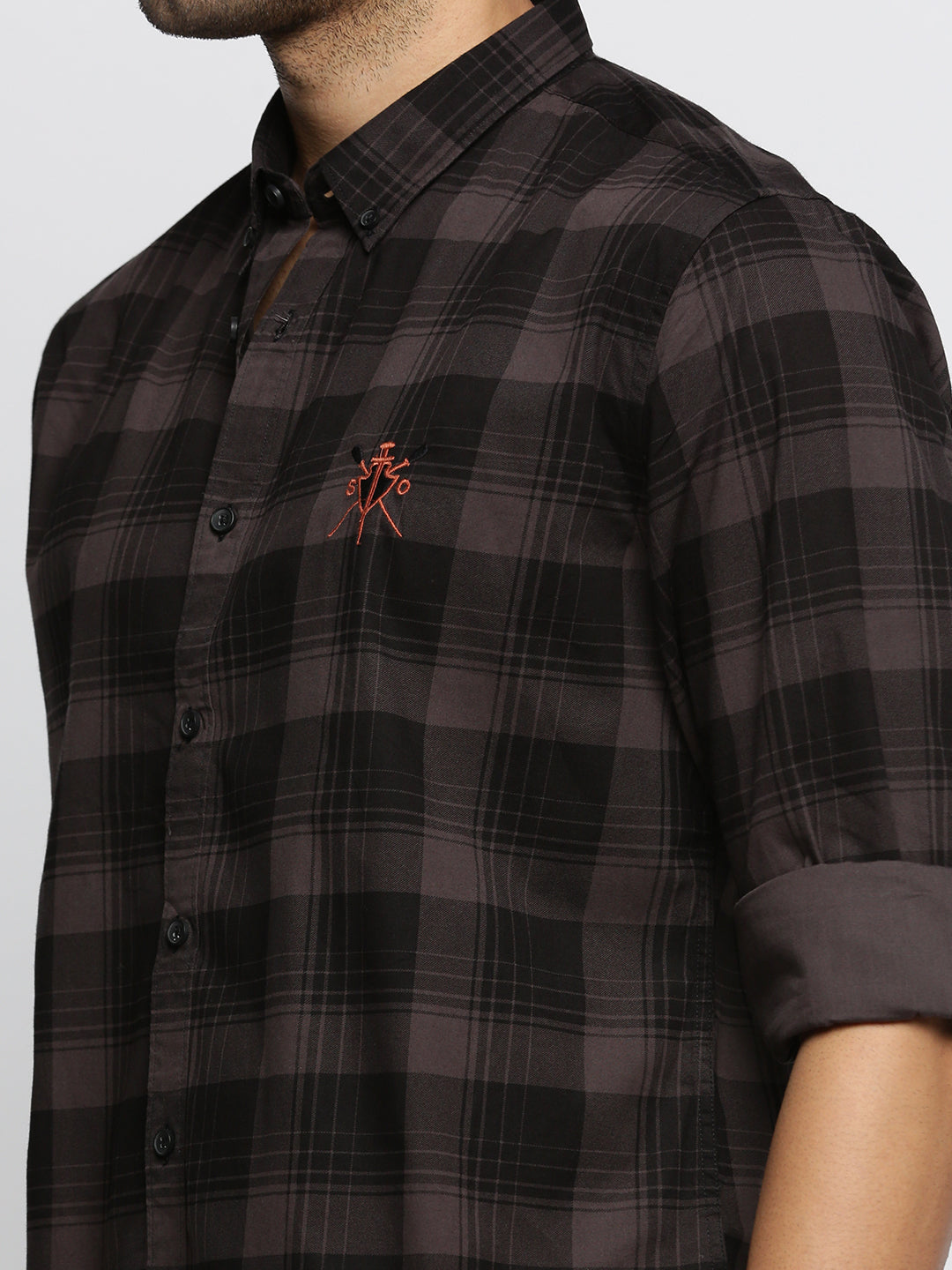 Men Grey Spread Collar Tartan Checks Shirt