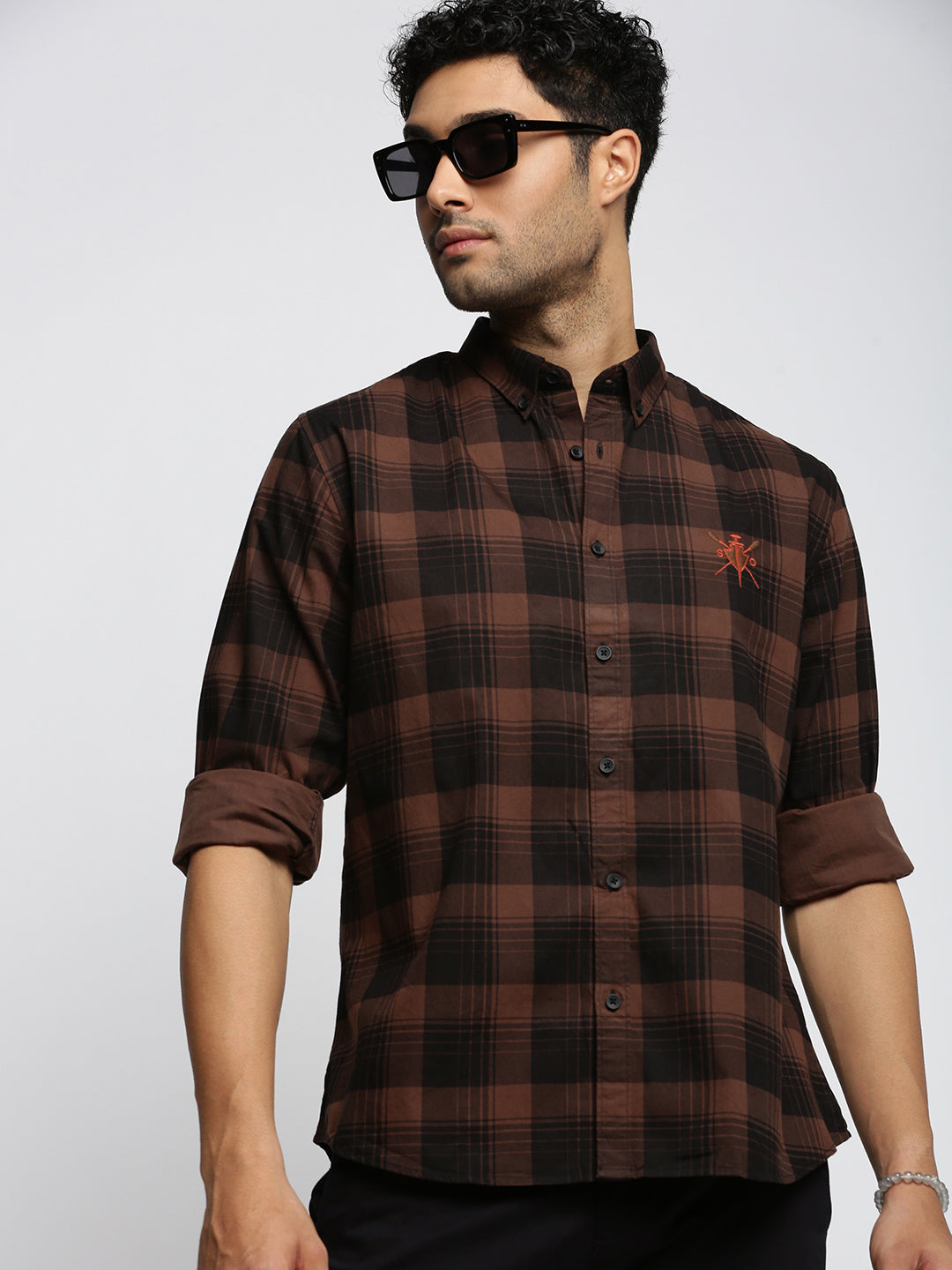 Men Brown Spread Collar Tartan Checks Shirt