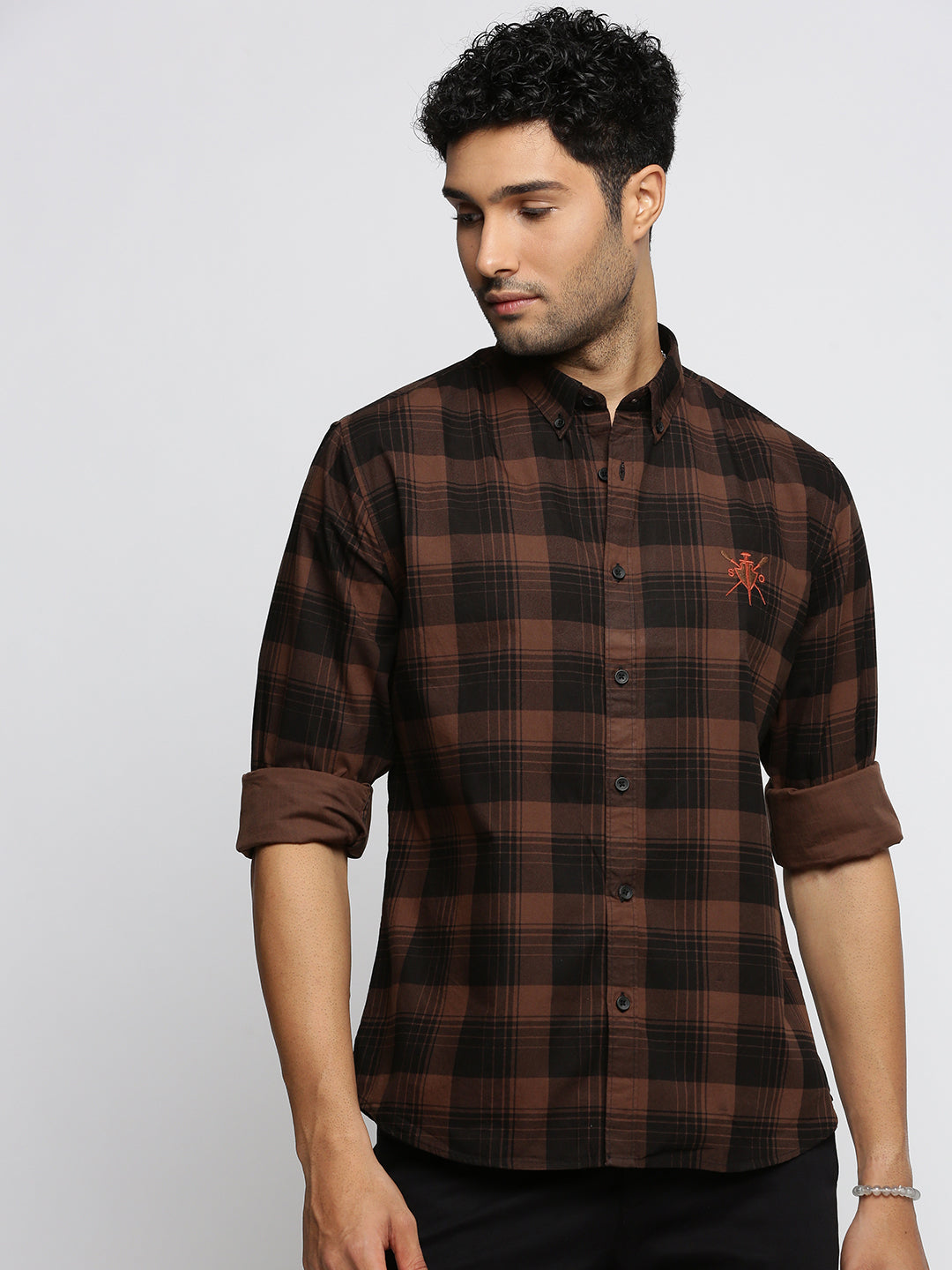 Men Brown Spread Collar Tartan Checks Shirt