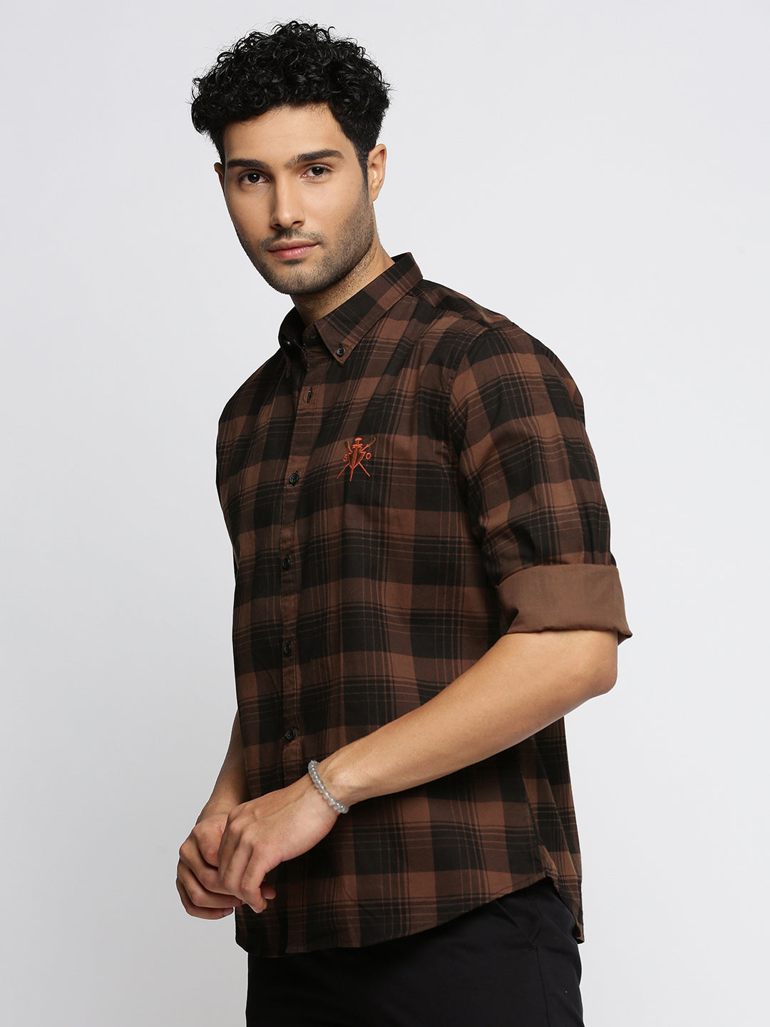 Men Brown Spread Collar Tartan Checks Shirt