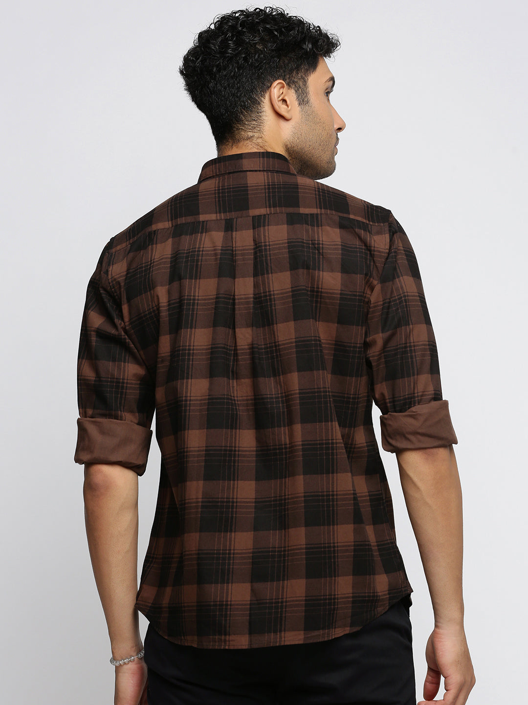 Men Brown Spread Collar Tartan Checks Shirt