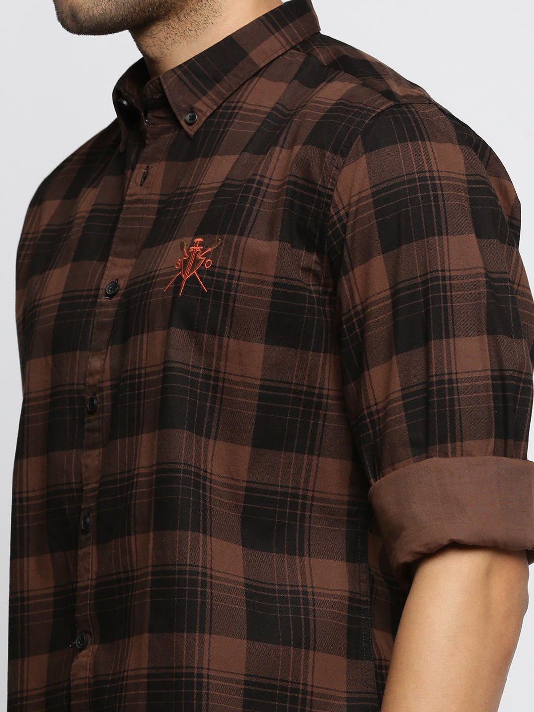 Men Brown Spread Collar Tartan Checks Shirt