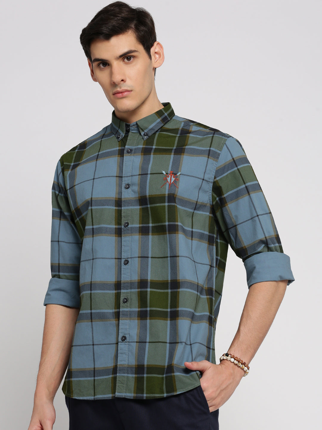 Men Blue Spread Collar Tartan Checks Shirt